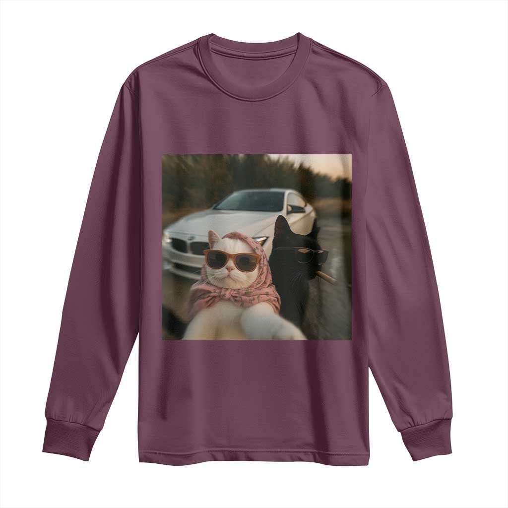 Cats Selfie Meme Long Sleeve Shirt Funny Black Cat Smoking Cigarette With Car TS14 Maroon Print Your Wear