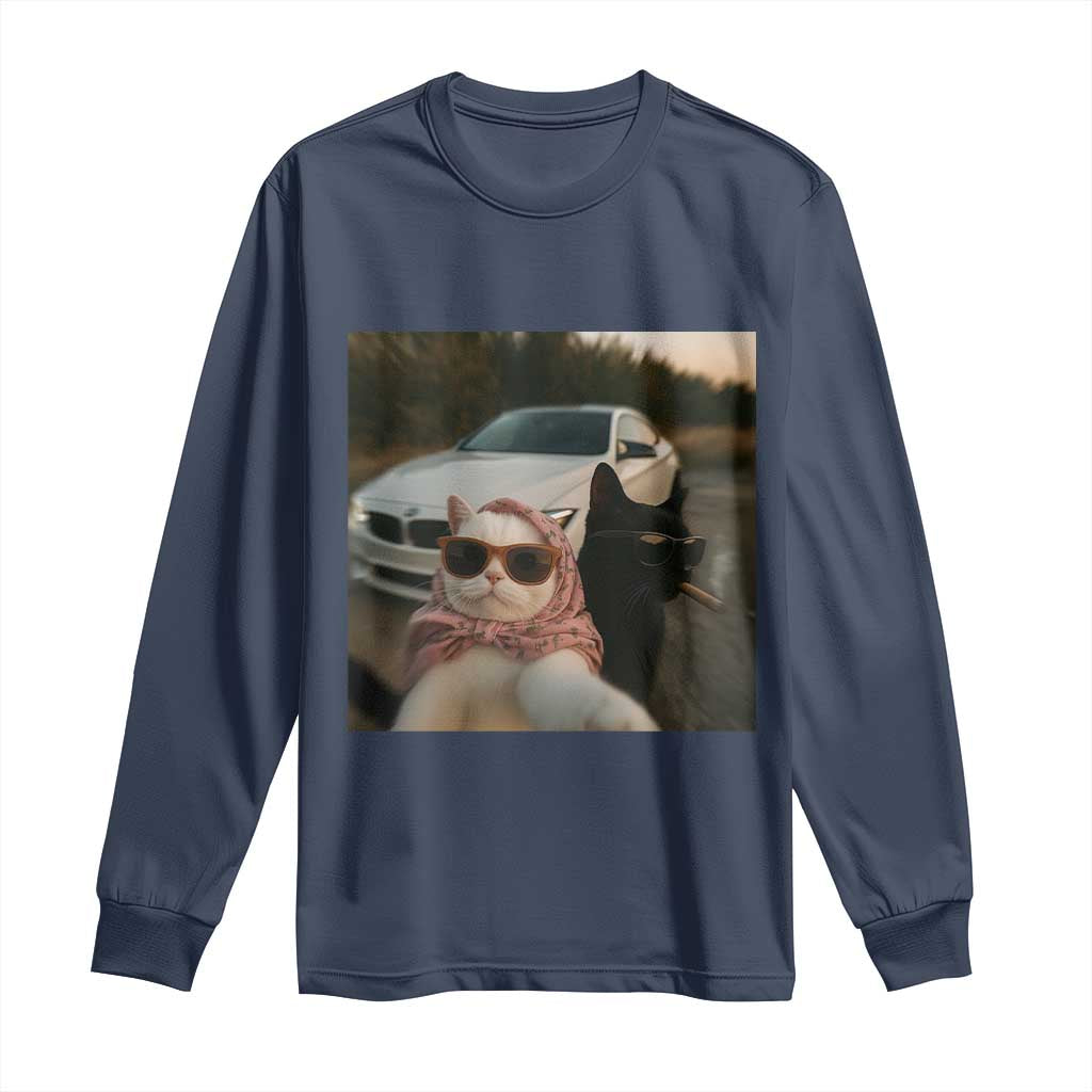 Cats Selfie Meme Long Sleeve Shirt Funny Black Cat Smoking Cigarette With Car TS14 Navy Print Your Wear