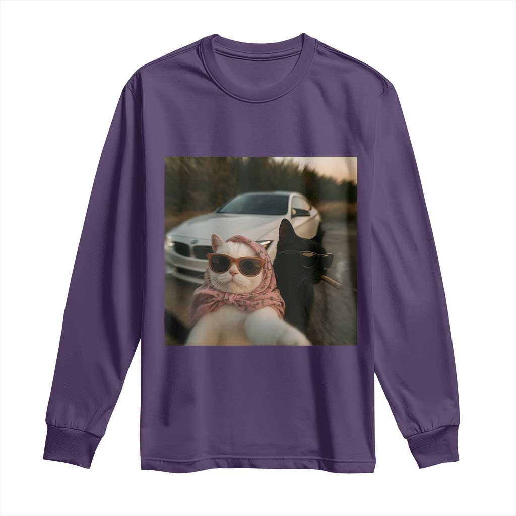 Cats Selfie Meme Long Sleeve Shirt Funny Black Cat Smoking Cigarette With Car TS14 Purple Print Your Wear
