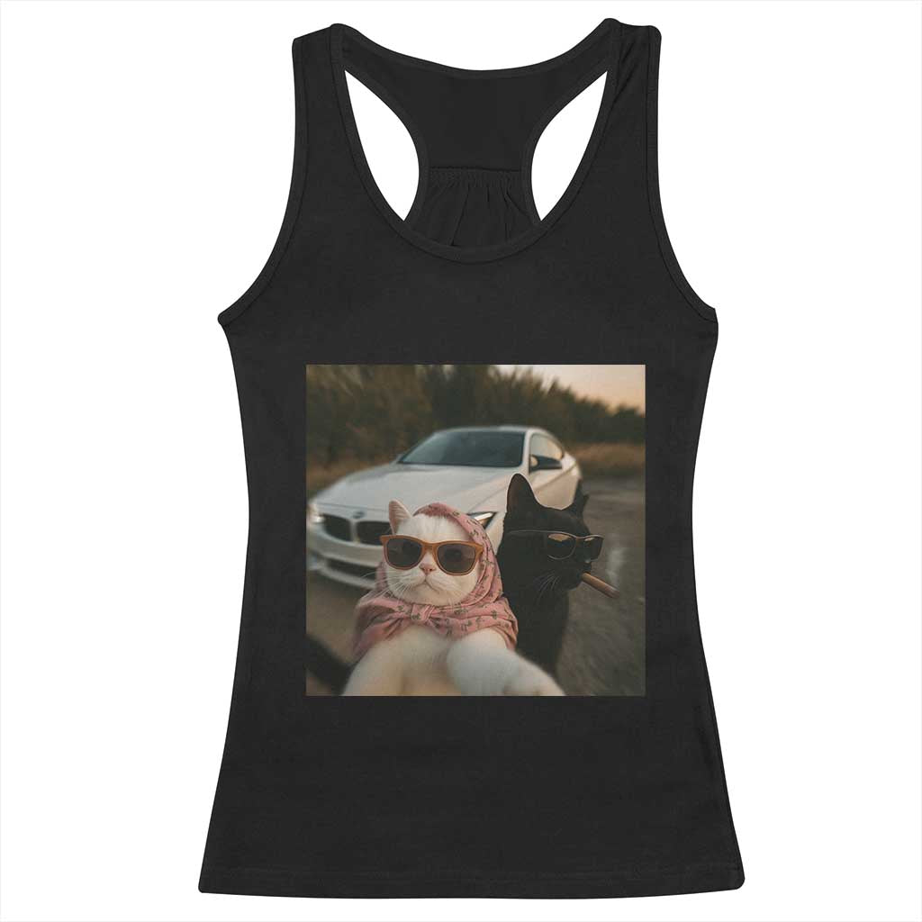 Cats Selfie Meme Racerback Tank Top Funny Black Cat Smoking Cigarette With Car TS14 Black Print Your Wear