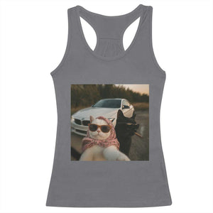 Cats Selfie Meme Racerback Tank Top Funny Black Cat Smoking Cigarette With Car TS14 Charcoal Print Your Wear