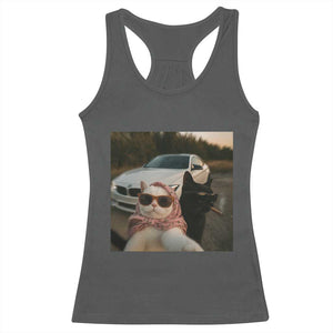 Cats Selfie Meme Racerback Tank Top Funny Black Cat Smoking Cigarette With Car TS14 Dark Heather Print Your Wear