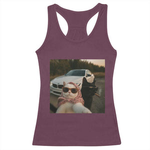 Cats Selfie Meme Racerback Tank Top Funny Black Cat Smoking Cigarette With Car TS14 Maroon Print Your Wear