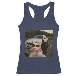 Cats Selfie Meme Racerback Tank Top Funny Black Cat Smoking Cigarette With Car TS14 Navy Print Your Wear