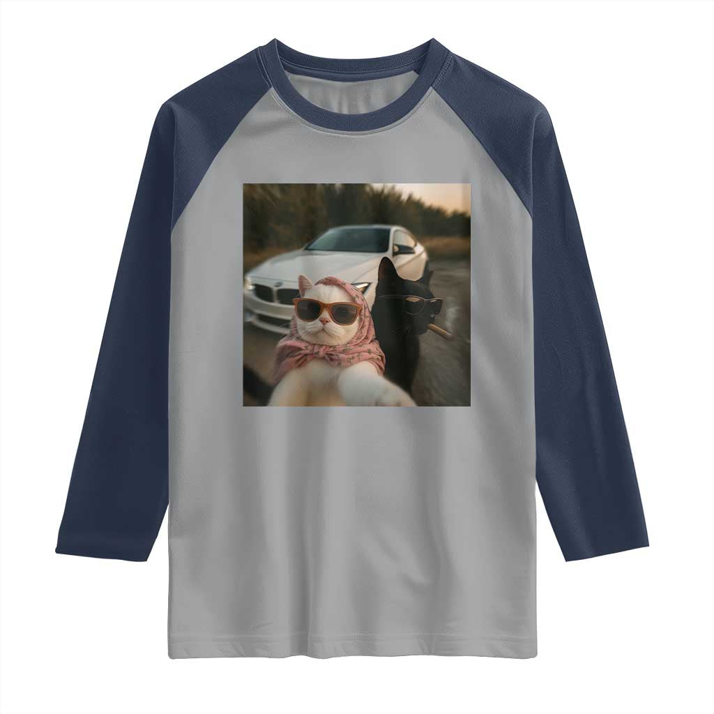 Cats Selfie Meme Raglan Shirt Funny Black Cat Smoking Cigarette With Car TS14 Sport Gray Navy Print Your Wear