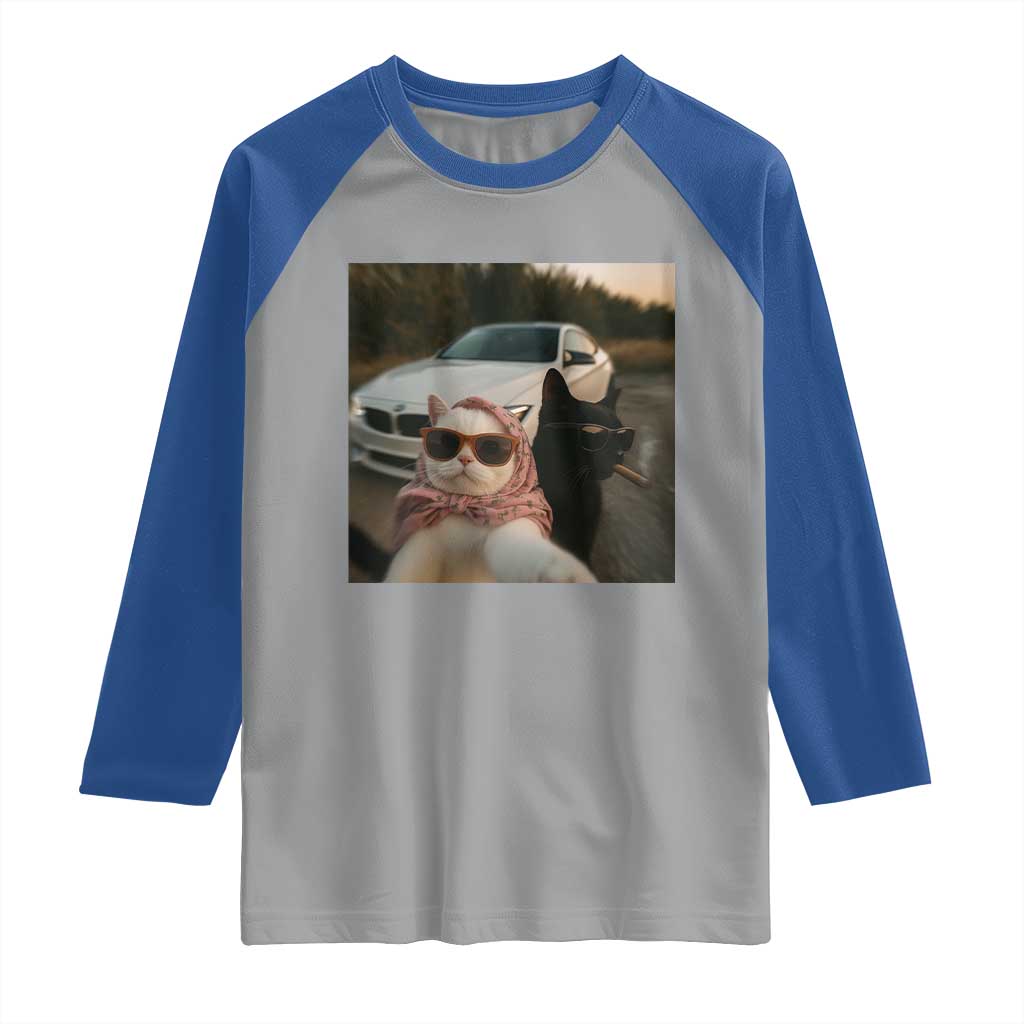Cats Selfie Meme Raglan Shirt Funny Black Cat Smoking Cigarette With Car TS14 Sport Gray Royal Print Your Wear