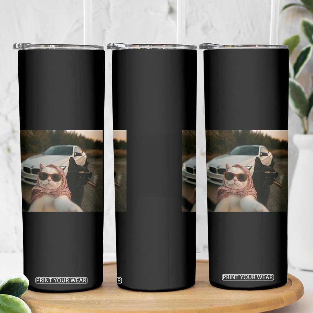 Cats Selfie Meme Skinny Tumbler Funny Black Cat Smoking Cigarette With Car TS14 Print Your Wear