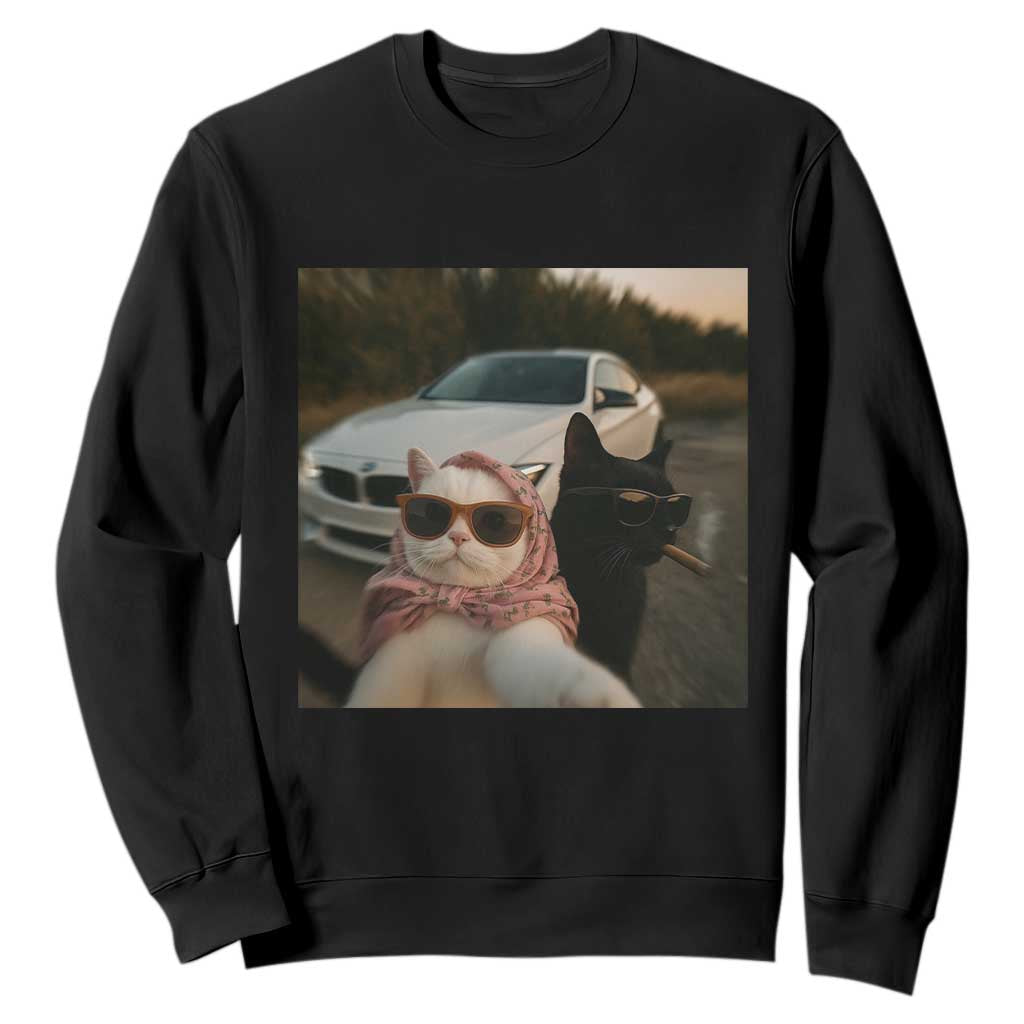 Cats Selfie Meme Sweatshirt Funny Black Cat Smoking Cigarette With Car TS14 Black Print Your Wear