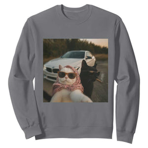 Cats Selfie Meme Sweatshirt Funny Black Cat Smoking Cigarette With Car TS14 Charcoal Print Your Wear
