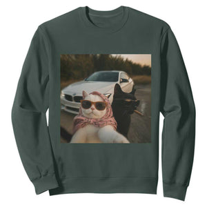 Cats Selfie Meme Sweatshirt Funny Black Cat Smoking Cigarette With Car TS14 Dark Forest Green Print Your Wear