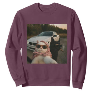 Cats Selfie Meme Sweatshirt Funny Black Cat Smoking Cigarette With Car TS14 Maroon Print Your Wear