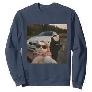 Cats Selfie Meme Sweatshirt Funny Black Cat Smoking Cigarette With Car TS14 Navy Print Your Wear