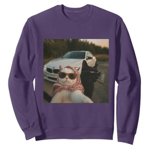 Cats Selfie Meme Sweatshirt Funny Black Cat Smoking Cigarette With Car TS14 Purple Print Your Wear