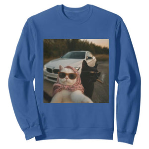 Cats Selfie Meme Sweatshirt Funny Black Cat Smoking Cigarette With Car TS14 Royal Blue Print Your Wear