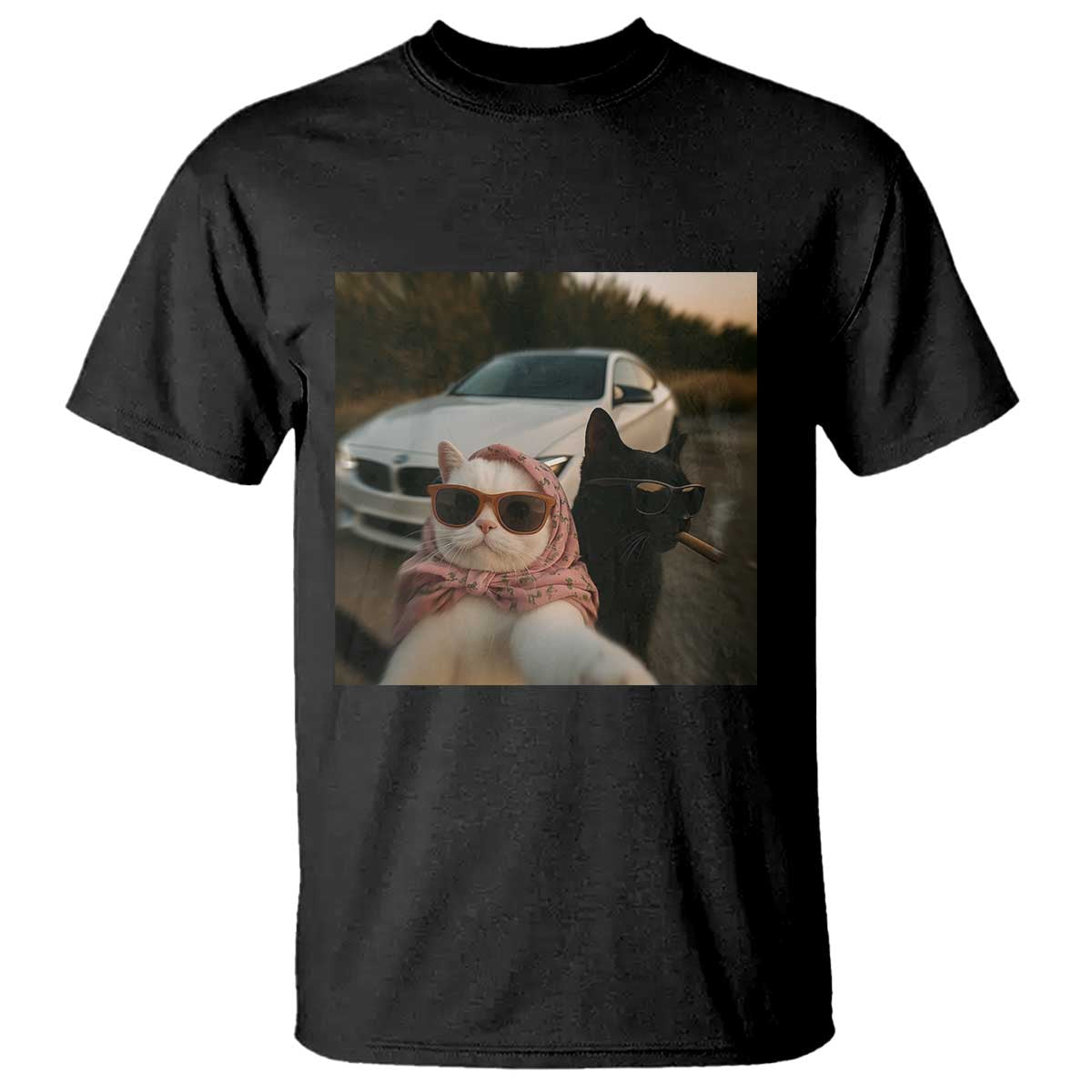 Cats Selfie Meme T Shirt Funny Black Cat Smoking Cigarette With Car TS14 Black Print Your Wear