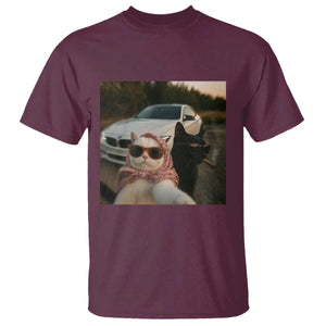 Cats Selfie Meme T Shirt Funny Black Cat Smoking Cigarette With Car TS14 Maroon Print Your Wear