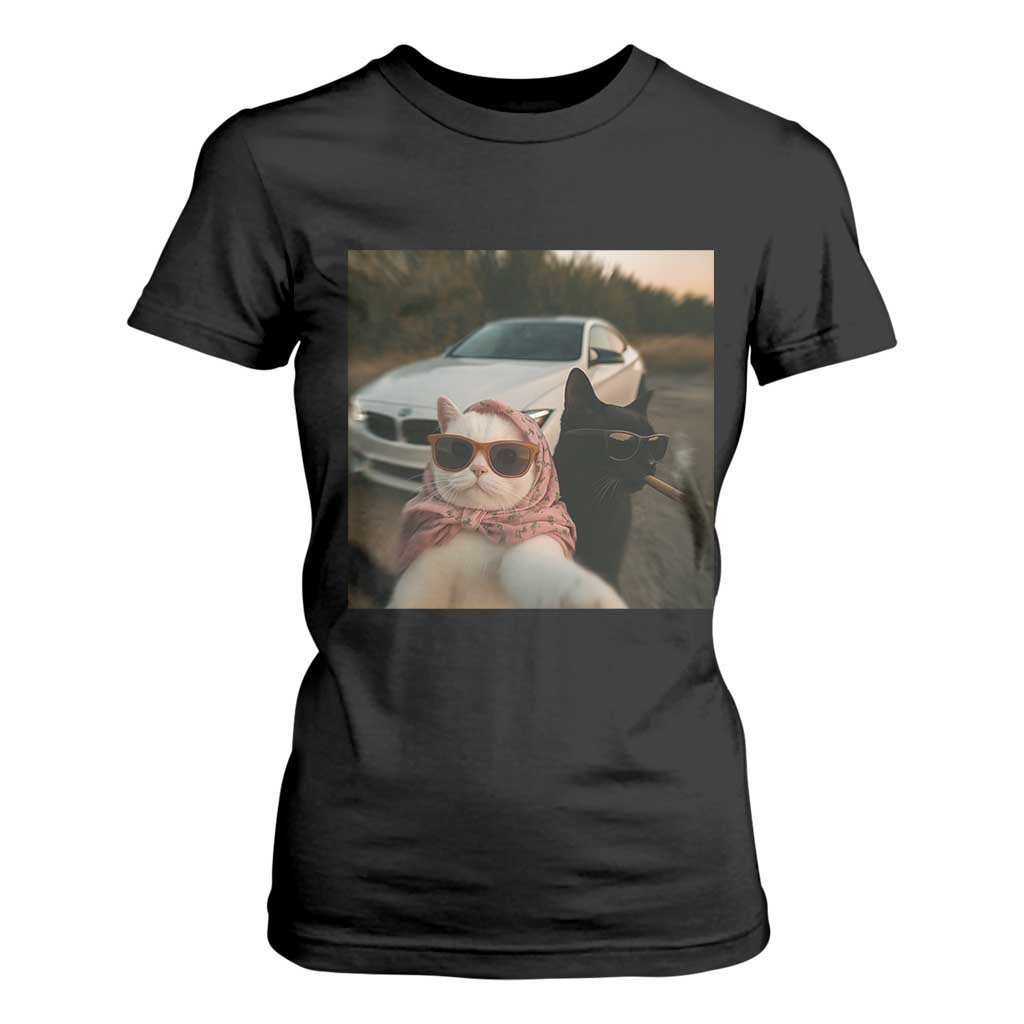 Cats Selfie Meme T Shirt For Women Funny Black Cat Smoking Cigarette With Car TS14 Black Print Your Wear