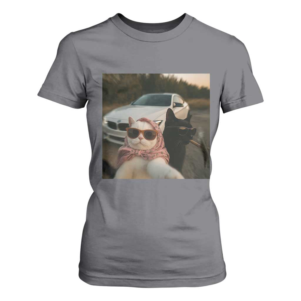 Cats Selfie Meme T Shirt For Women Funny Black Cat Smoking Cigarette With Car TS14 Charcoal Print Your Wear