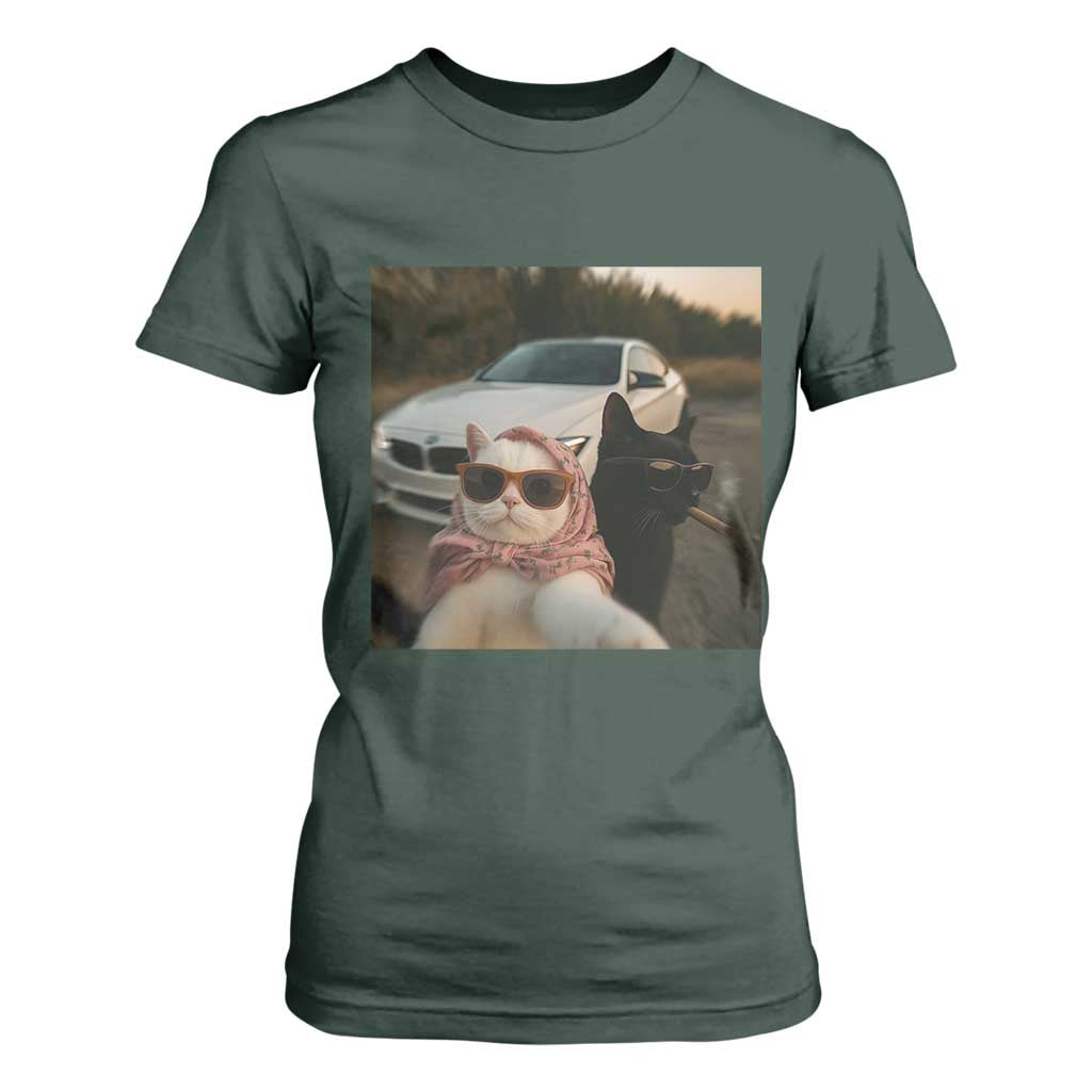 Cats Selfie Meme T Shirt For Women Funny Black Cat Smoking Cigarette With Car TS14 Dark Forest Green Print Your Wear