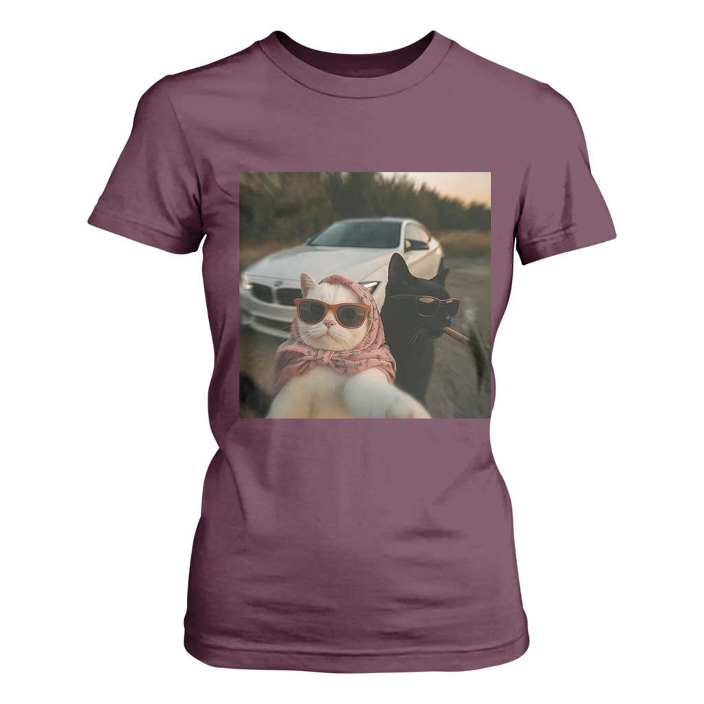 Cats Selfie Meme T Shirt For Women Funny Black Cat Smoking Cigarette With Car TS14 Maroon Print Your Wear