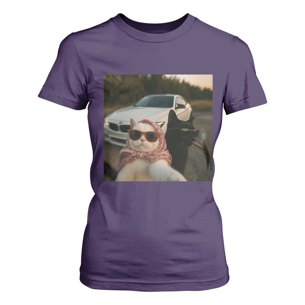 Cats Selfie Meme T Shirt For Women Funny Black Cat Smoking Cigarette With Car TS14 Purple Print Your Wear