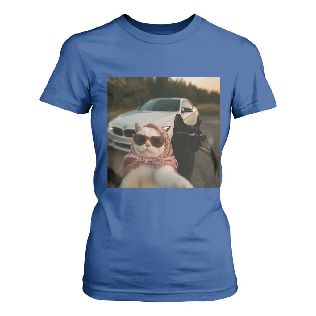 Cats Selfie Meme T Shirt For Women Funny Black Cat Smoking Cigarette With Car TS14 Royal Blue Print Your Wear