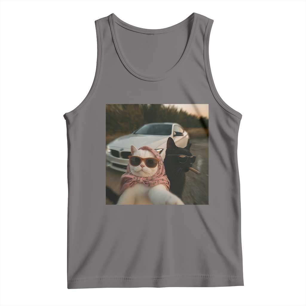 Cats Selfie Meme Tank Top Funny Black Cat Smoking Cigarette With Car TS14 Deep Heather Print Your Wear