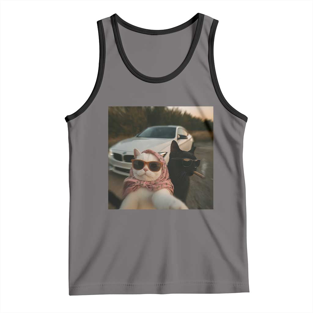 Cats Selfie Meme Tank Top Funny Black Cat Smoking Cigarette With Car TS14 Deep Heather Black Print Your Wear