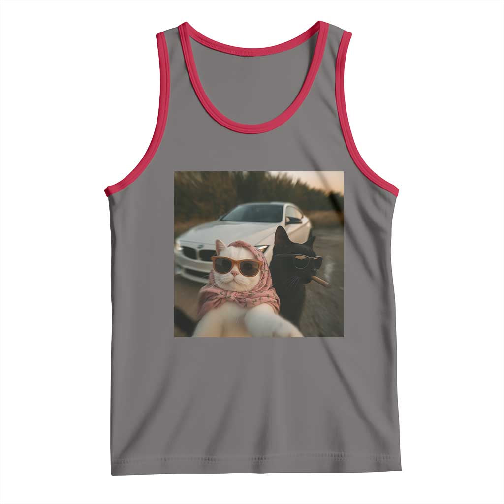 Cats Selfie Meme Tank Top Funny Black Cat Smoking Cigarette With Car TS14 Deep Heather Red Print Your Wear