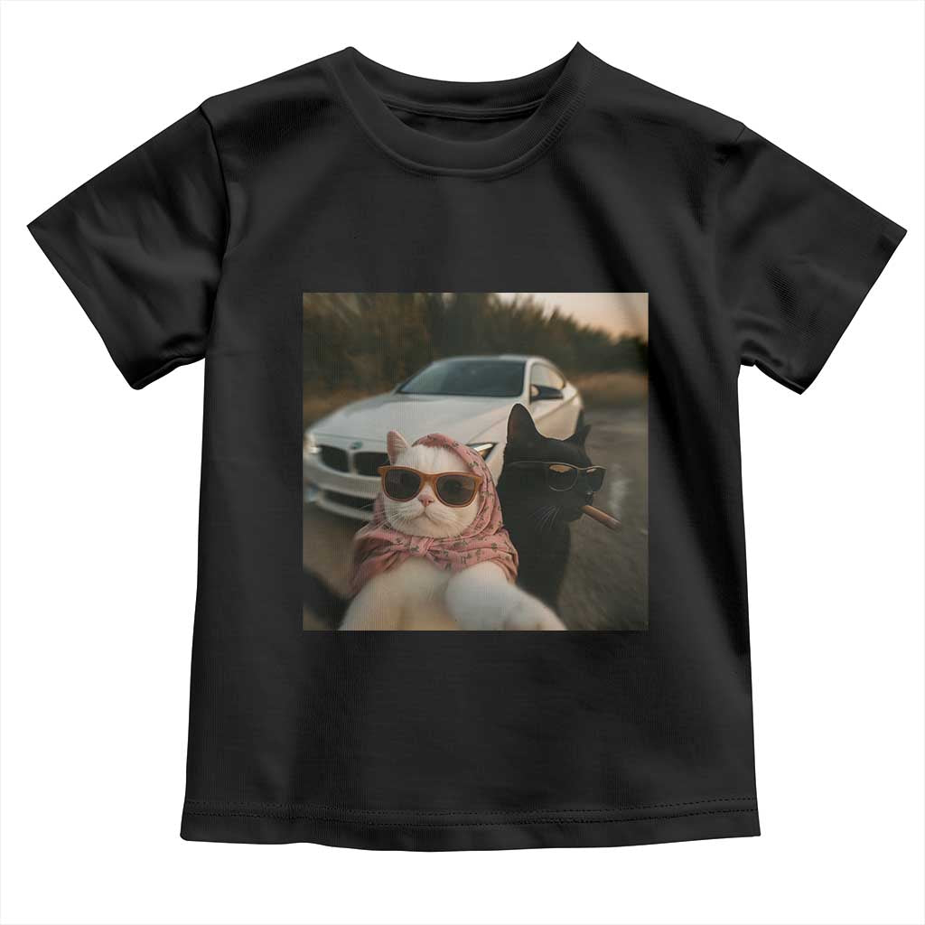 Cats Selfie Meme Toddler T Shirt Funny Black Cat Smoking Cigarette With Car TS14 Black Print Your Wear