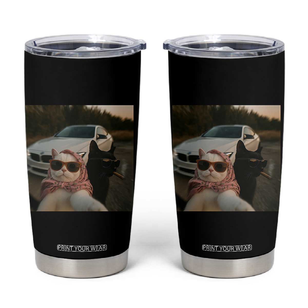 Cats Selfie Meme Tumbler Cup Funny Black Cat Smoking Cigarette With Car TS14 Black Print Your Wear