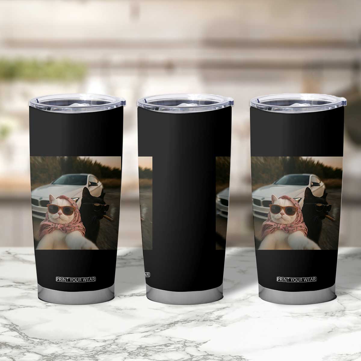 Cats Selfie Meme Tumbler Cup Funny Black Cat Smoking Cigarette With Car TS14 Print Your Wear