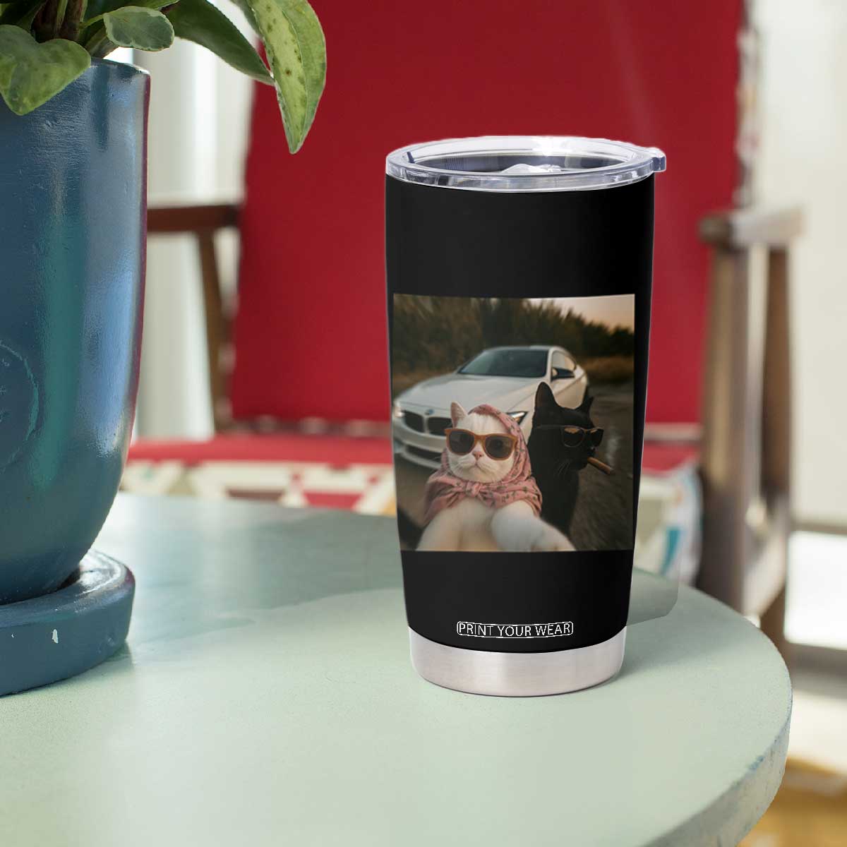 Cats Selfie Meme Tumbler Cup Funny Black Cat Smoking Cigarette With Car TS14 Print Your Wear