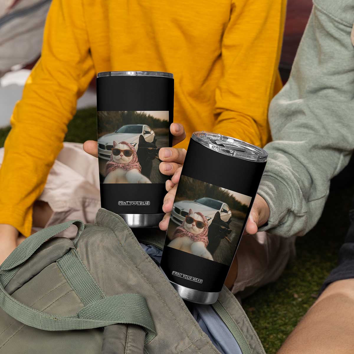 Cats Selfie Meme Tumbler Cup Funny Black Cat Smoking Cigarette With Car TS14 Print Your Wear