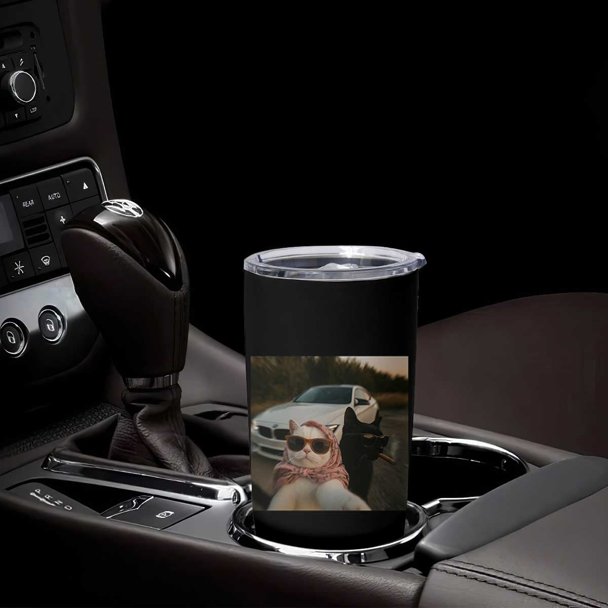 Cats Selfie Meme Tumbler Cup Funny Black Cat Smoking Cigarette With Car TS14 Print Your Wear