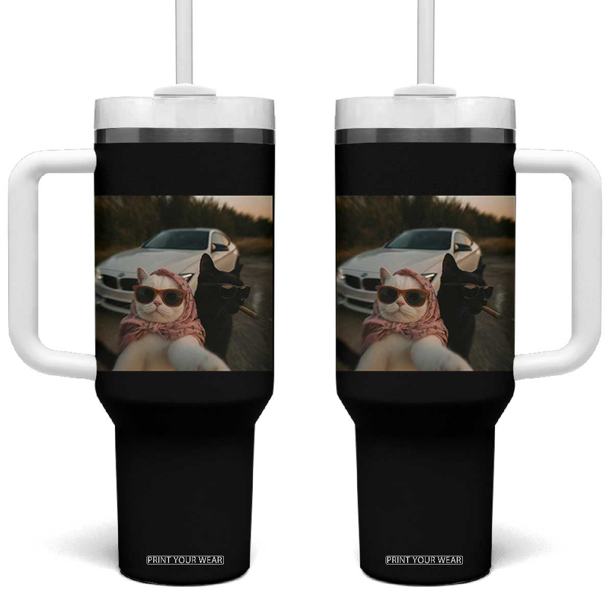 Cats Selfie Meme Tumbler With Handle Funny Black Cat Smoking Cigarette With Car TS14 One Size: 40 oz Black Print Your Wear