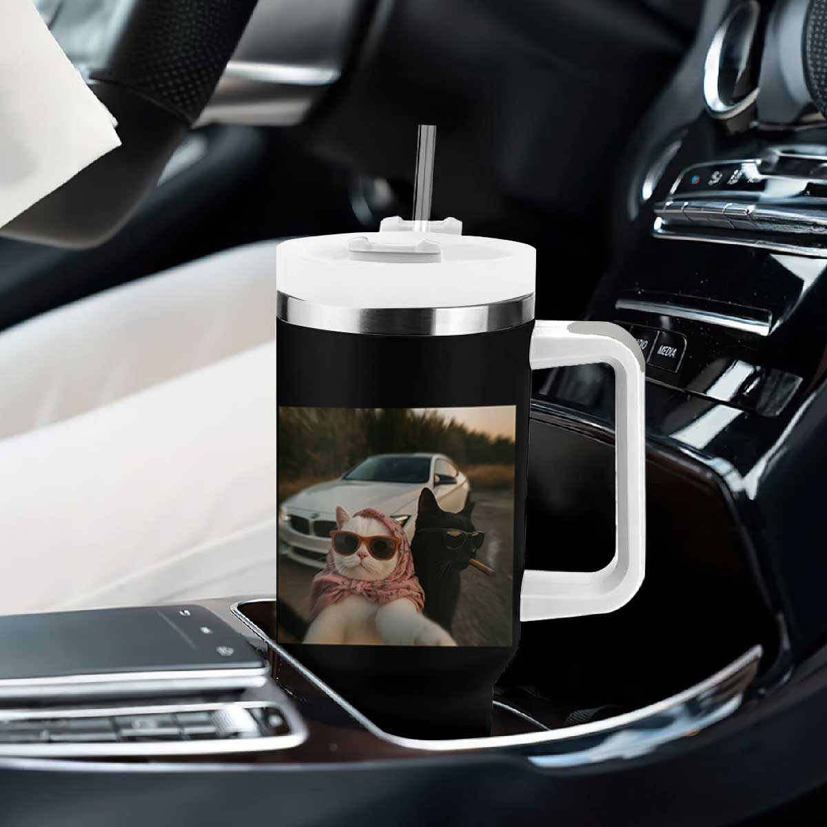 Cats Selfie Meme Tumbler With Handle Funny Black Cat Smoking Cigarette With Car TS14 Print Your Wear