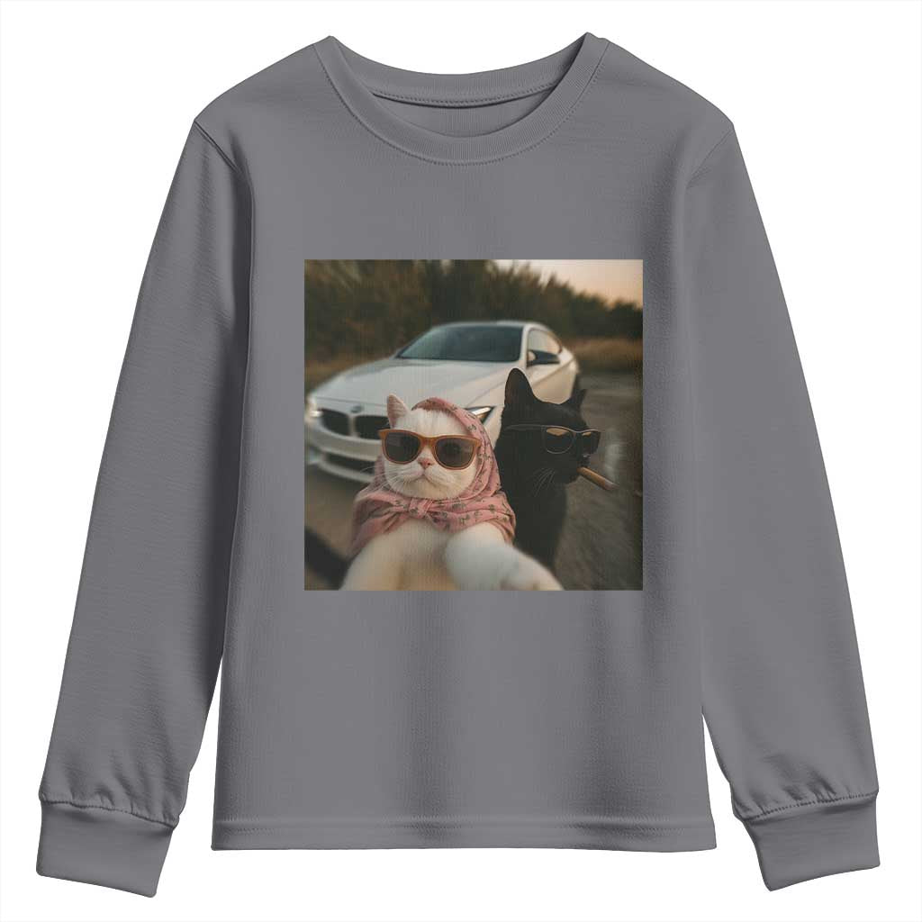 Cats Selfie Meme Youth Sweatshirt Funny Black Cat Smoking Cigarette With Car TS14 Charcoal Print Your Wear