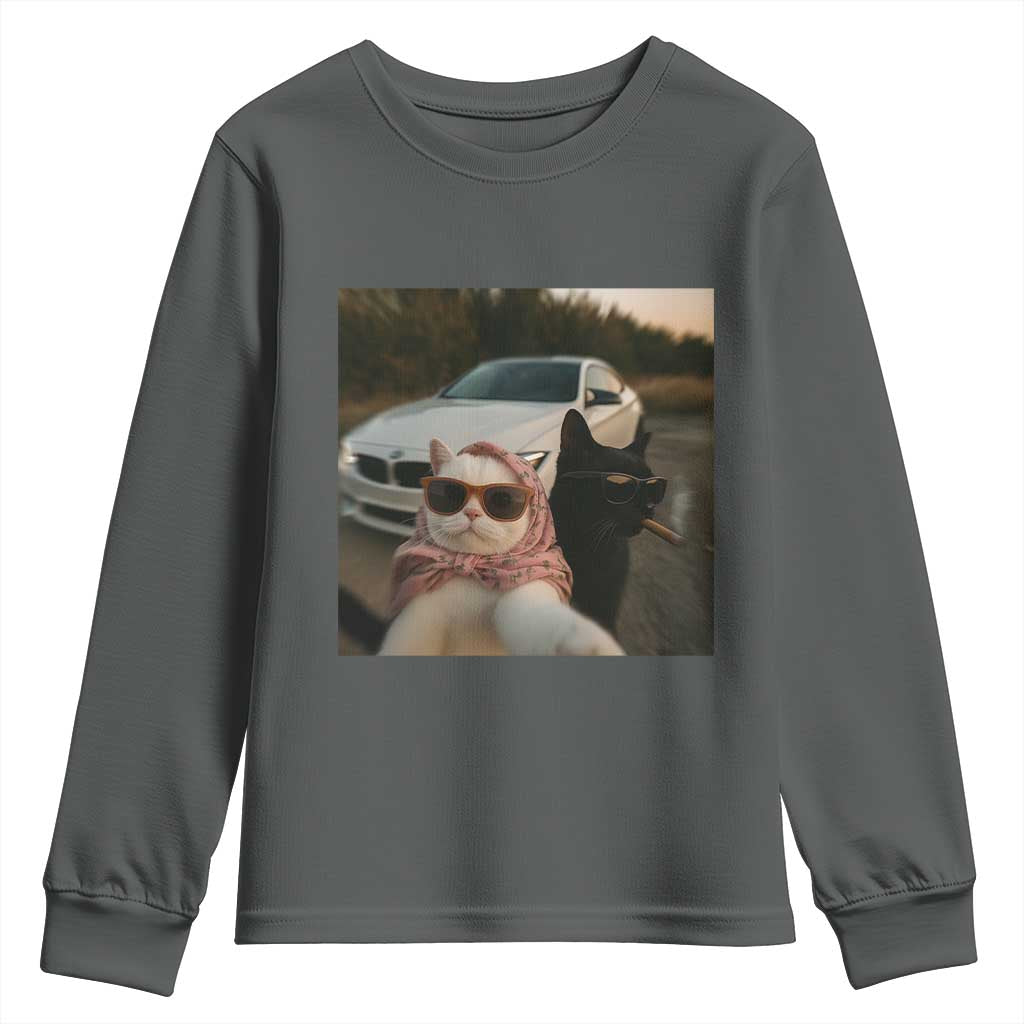 Cats Selfie Meme Youth Sweatshirt Funny Black Cat Smoking Cigarette With Car TS14 Dark Heather Print Your Wear