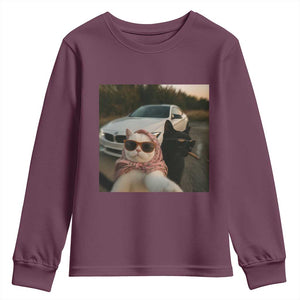 Cats Selfie Meme Youth Sweatshirt Funny Black Cat Smoking Cigarette With Car TS14 Maroon Print Your Wear