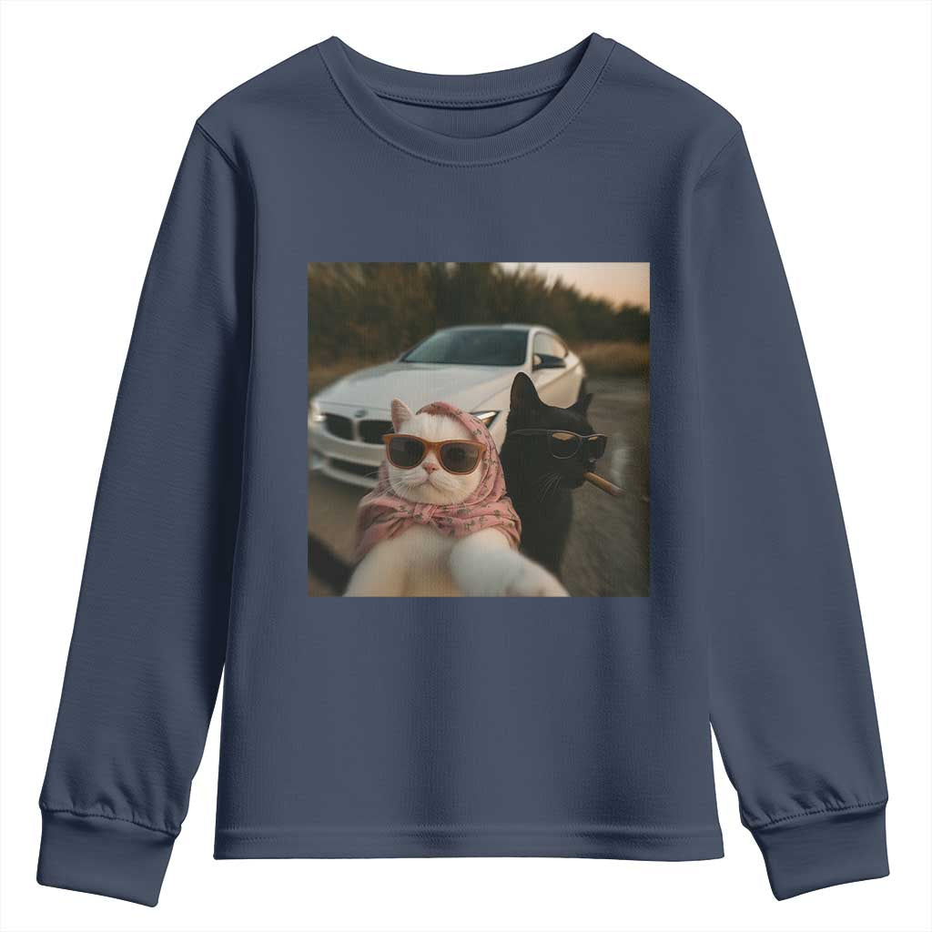 Cats Selfie Meme Youth Sweatshirt Funny Black Cat Smoking Cigarette With Car TS14 Navy Print Your Wear