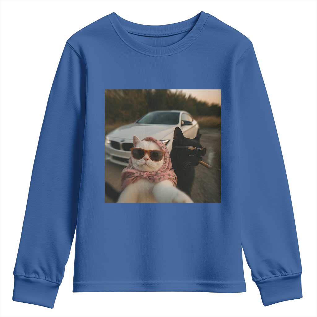 Cats Selfie Meme Youth Sweatshirt Funny Black Cat Smoking Cigarette With Car TS14 Royal Blue Print Your Wear