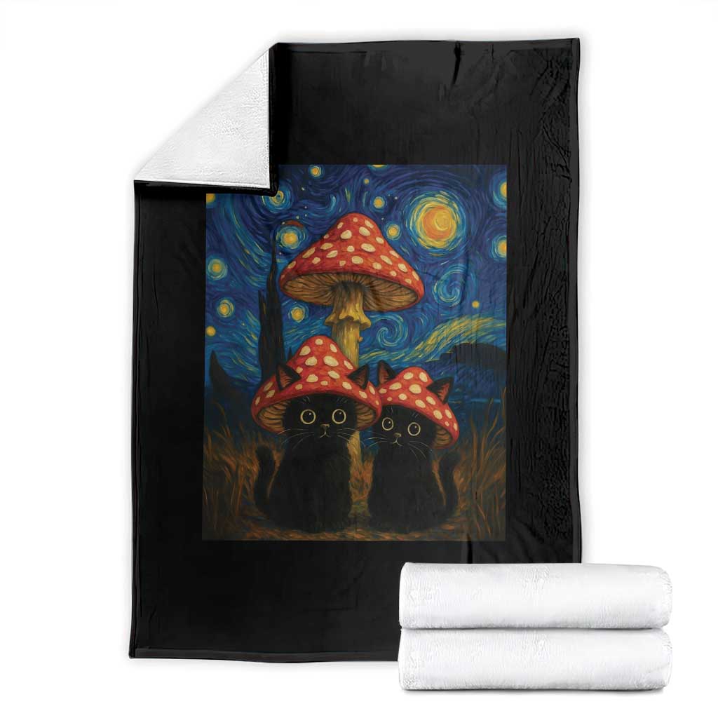 Cute Black Cat Mushroom Throw Blanket Stary Night Vangogh Amanita Muscaria TS14 Black Print Your Wear