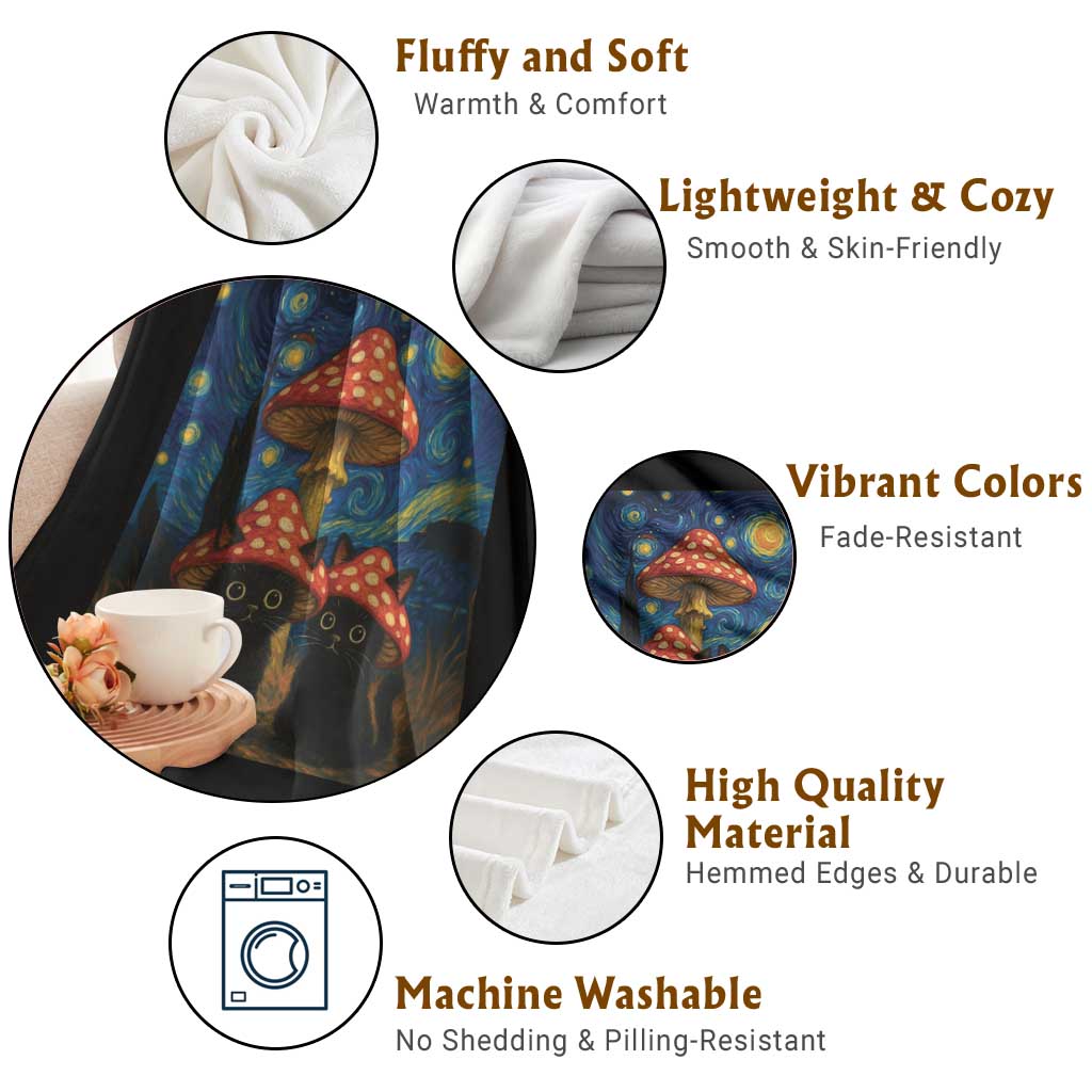 Cute Black Cat Mushroom Throw Blanket Stary Night Vangogh Amanita Muscaria TS14 Print Your Wear