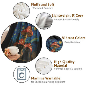 Cute Black Cat Mushroom Throw Blanket Stary Night Vangogh Amanita Muscaria TS14 Print Your Wear