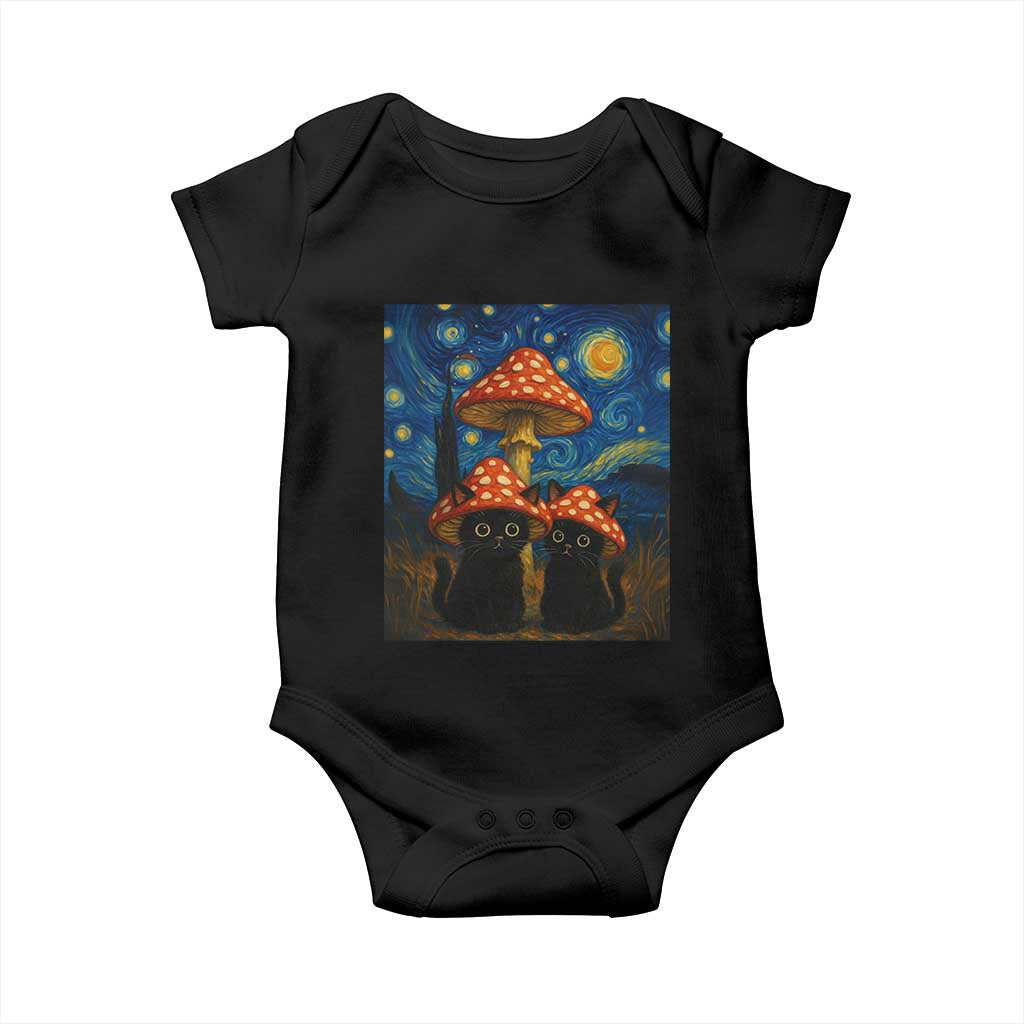 Cute Black Cat Mushroom Baby Onesie Stary Night Vangogh Amanita Muscaria TS14 Black Print Your Wear