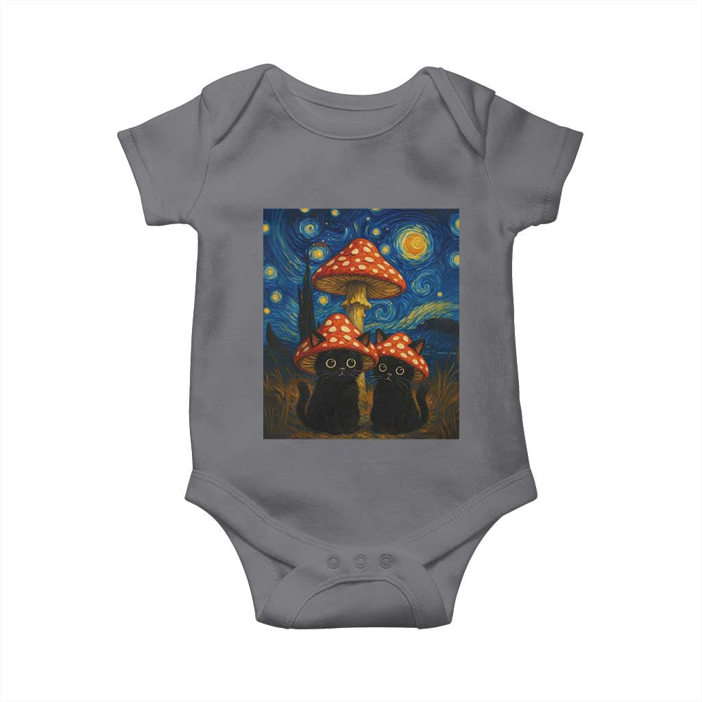 Cute Black Cat Mushroom Baby Onesie Stary Night Vangogh Amanita Muscaria TS14 Charcoal Print Your Wear