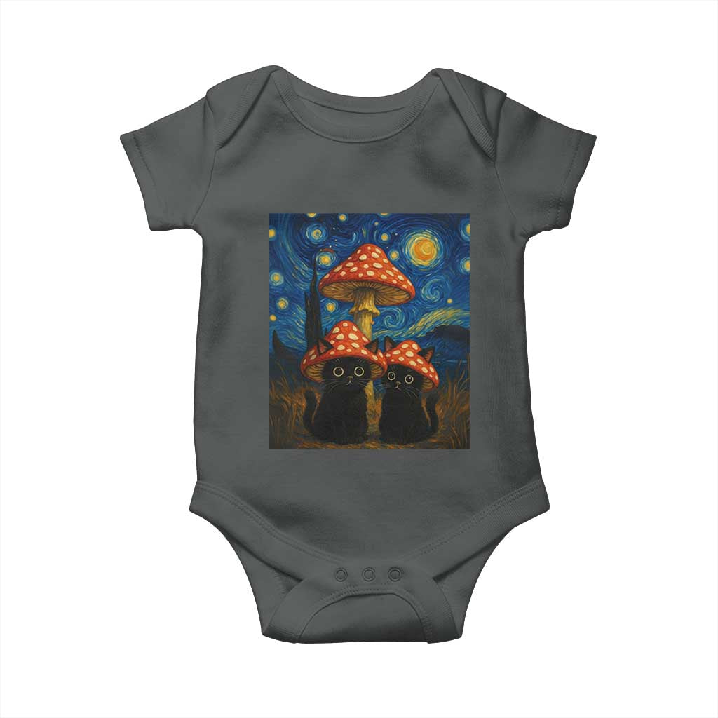 Cute Black Cat Mushroom Baby Onesie Stary Night Vangogh Amanita Muscaria TS14 Dark Heather Print Your Wear