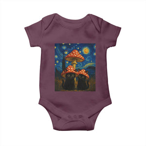 Cute Black Cat Mushroom Baby Onesie Stary Night Vangogh Amanita Muscaria TS14 Maroon Print Your Wear