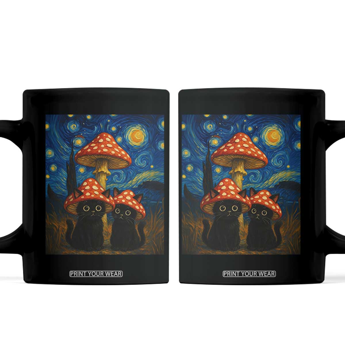 Cute Black Cat Mushroom Coffee Mug Stary Night Vangogh Amanita Muscaria TS14 Black Print Your Wear